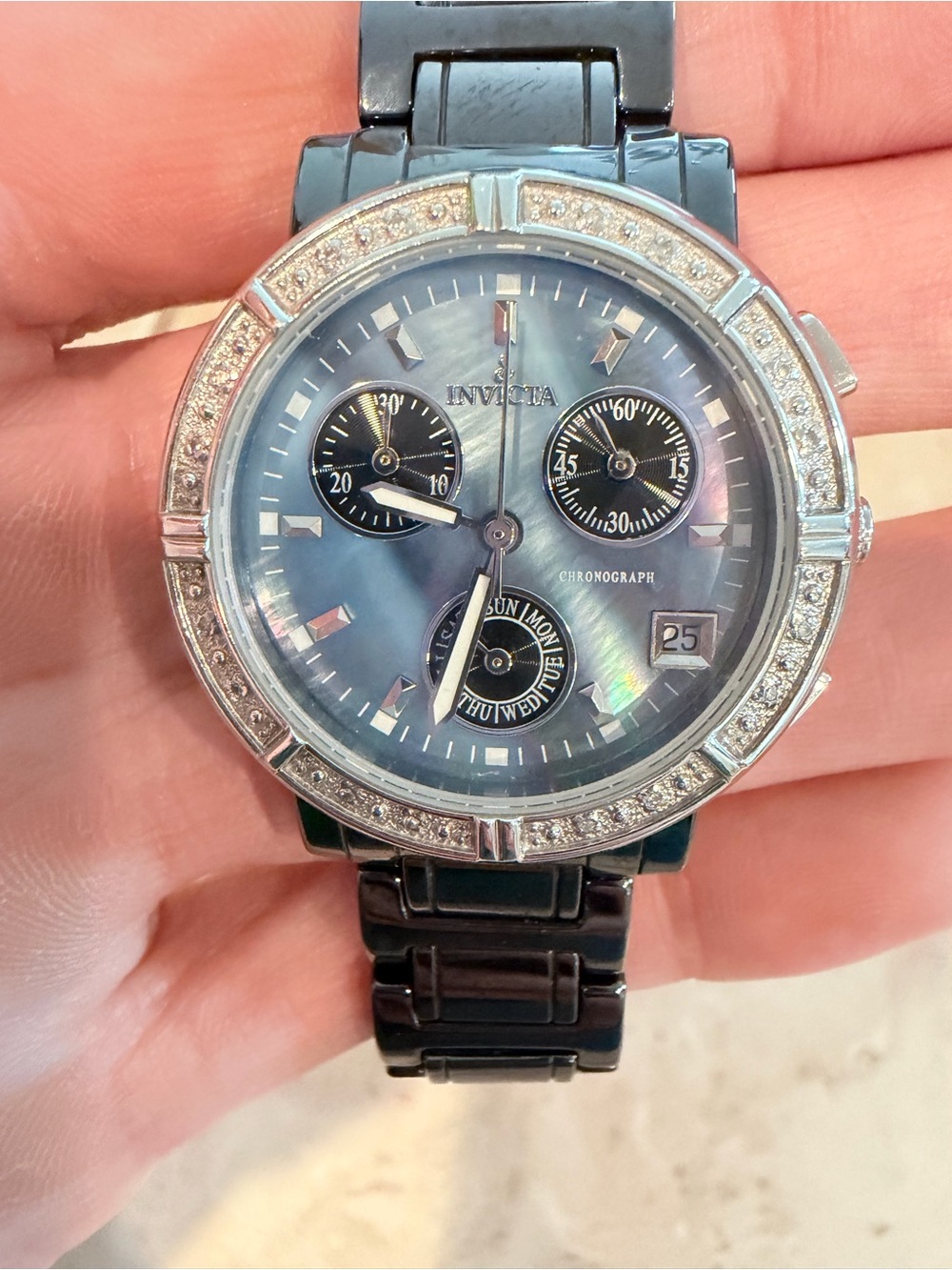Invicta Black Ceramic Bracelet Watch with Mother-of-Pearl Dial
